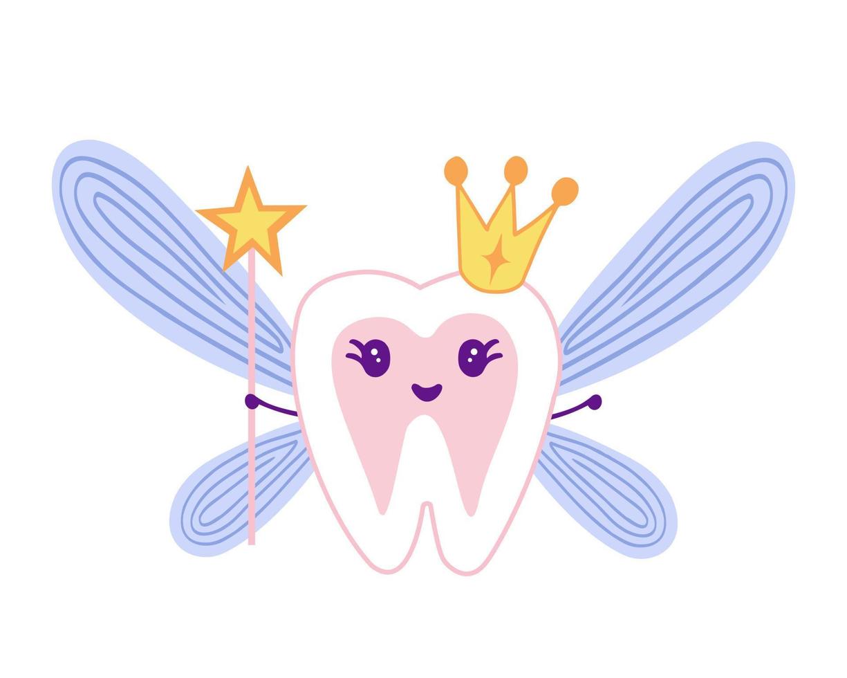 Tooth fairy with crown and holding a star magic wand. Illustration for backgrounds, covers and packaging. Image can be used for greeting card, poster and sticker. Isolated on white background. vector