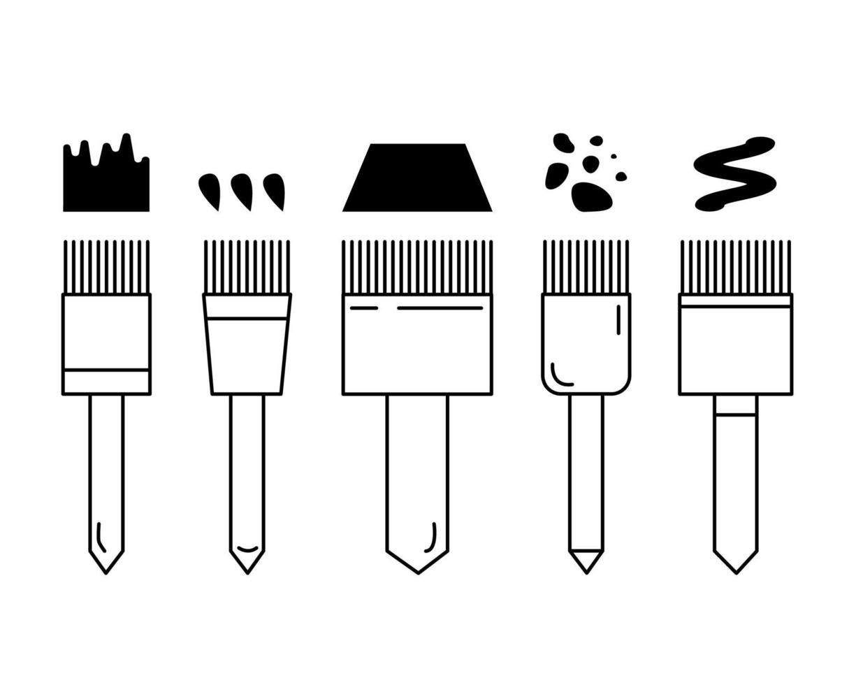 Painting tools. Set of outline icons. Samples of paint, drops and drips. Vector illustration. Line drawing of painting brushes.