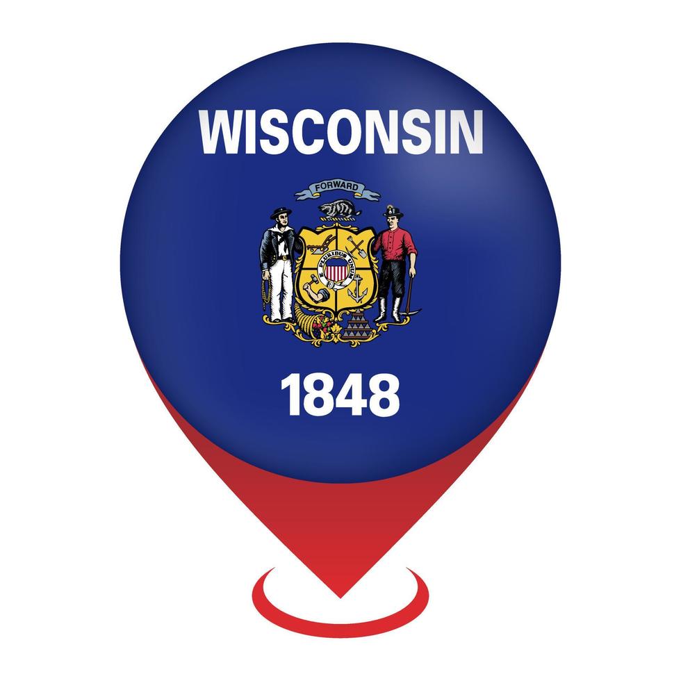 Map pointer with flag Wisconsin state. Vector illustration.