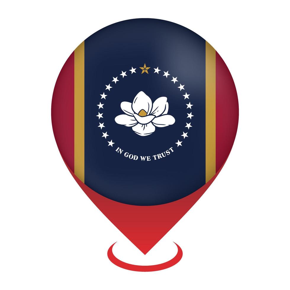 Map pointer with flag Mississippi state. Vector illustration.
