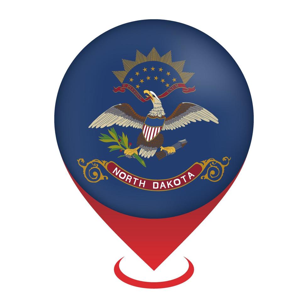 Map pointer with flag North Dakota state. Vector illustration.