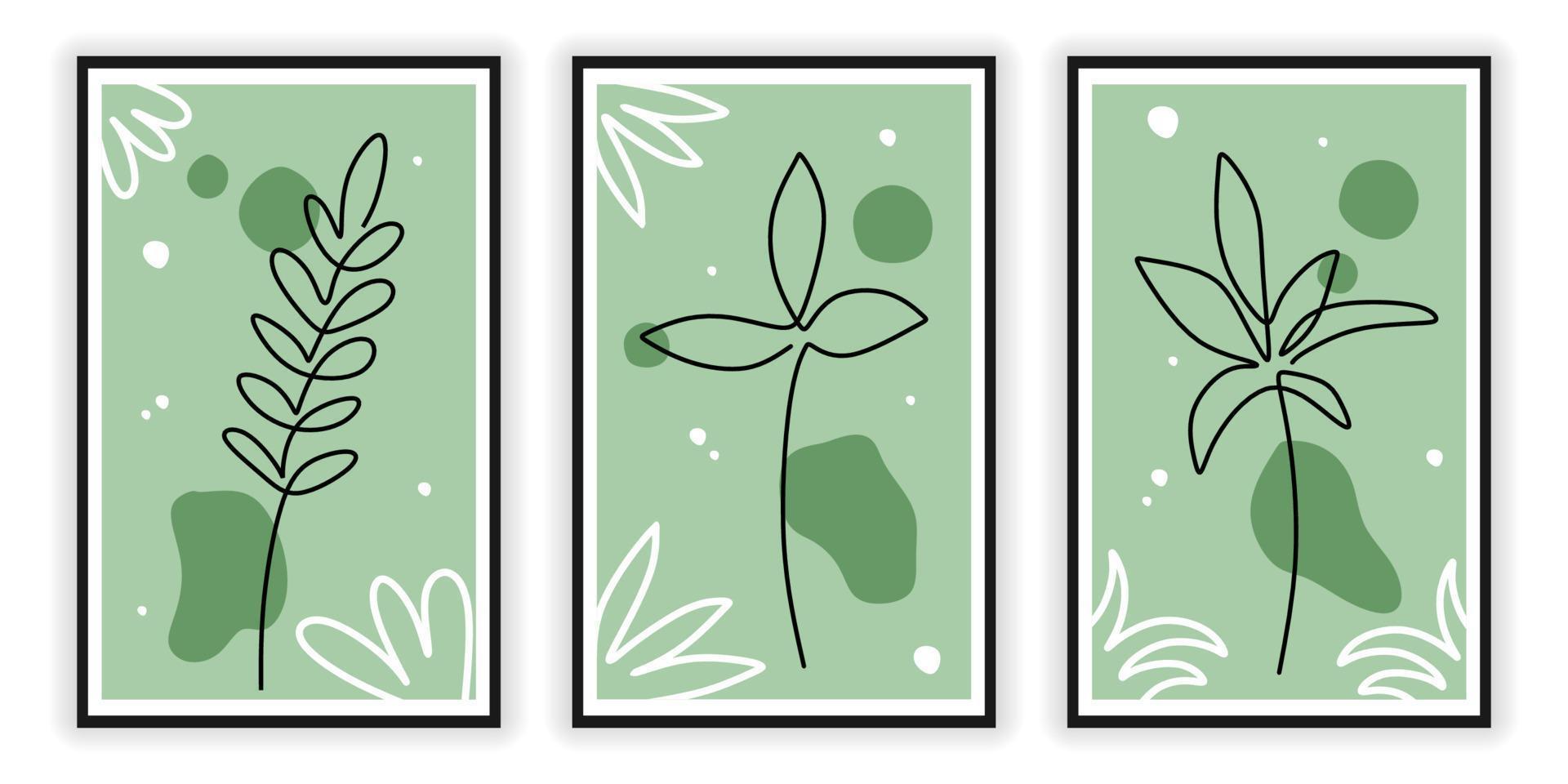 One line of three floral posters isolated on white background. vector