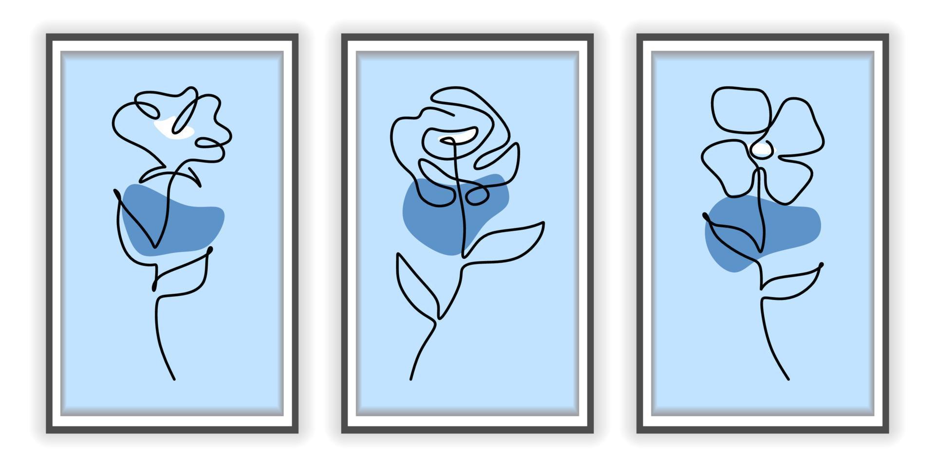 One line of three floral posters isolated on white background. vector