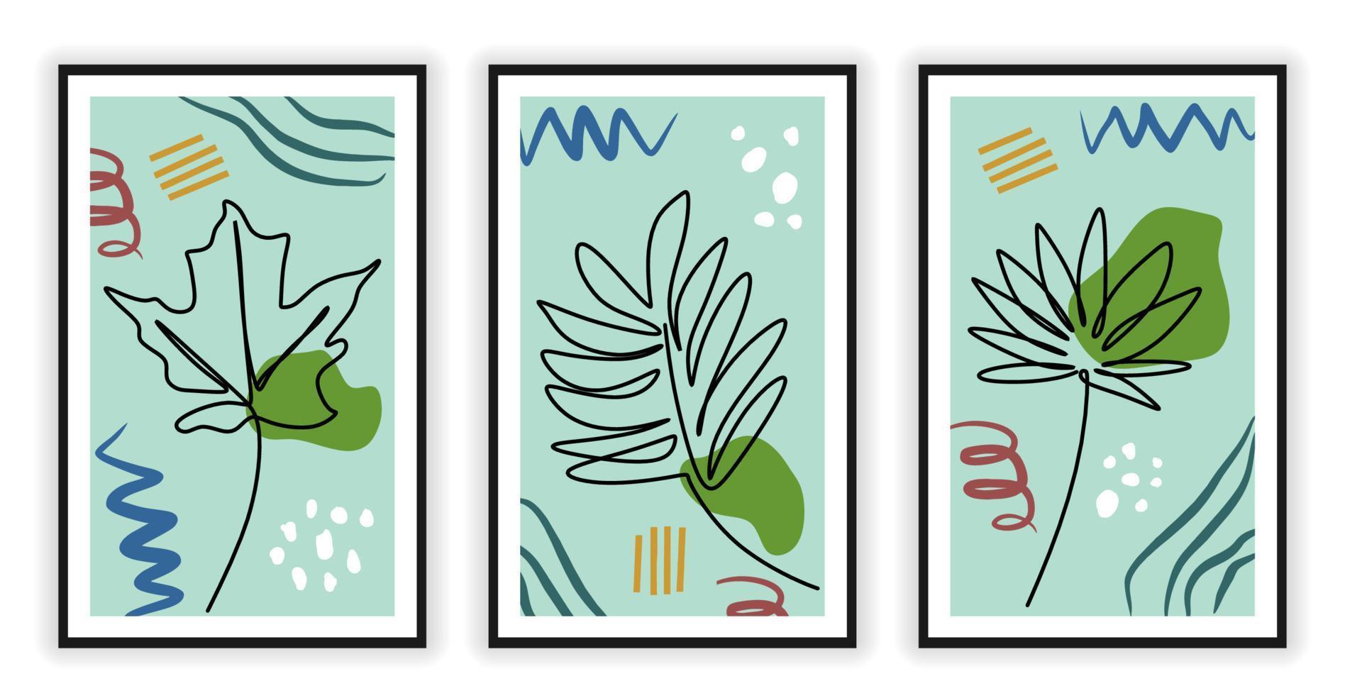 One line of three abstract floral posters isolated on white background vector