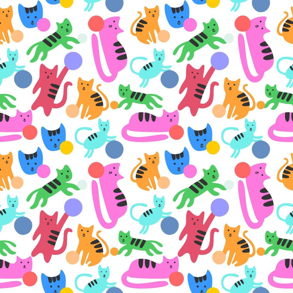 Cute cat seamless pattern isolated on white background. vector