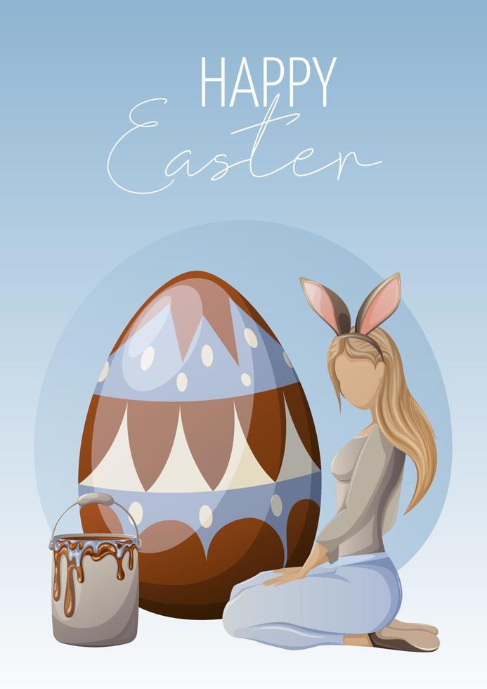 Festive card for Happy Easter. A girl in a headband with bunny ears sits near a large colorful egg with a bucket of paint. Painting process. Vector illustration for poster, banner, website, postcard