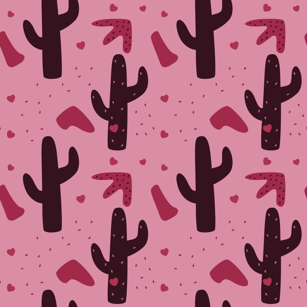 Seamless pattern with abstract cacti, shapes and dots on a pink background in a love theme. Monochrome color. Vector illustration in the style of minimalism.