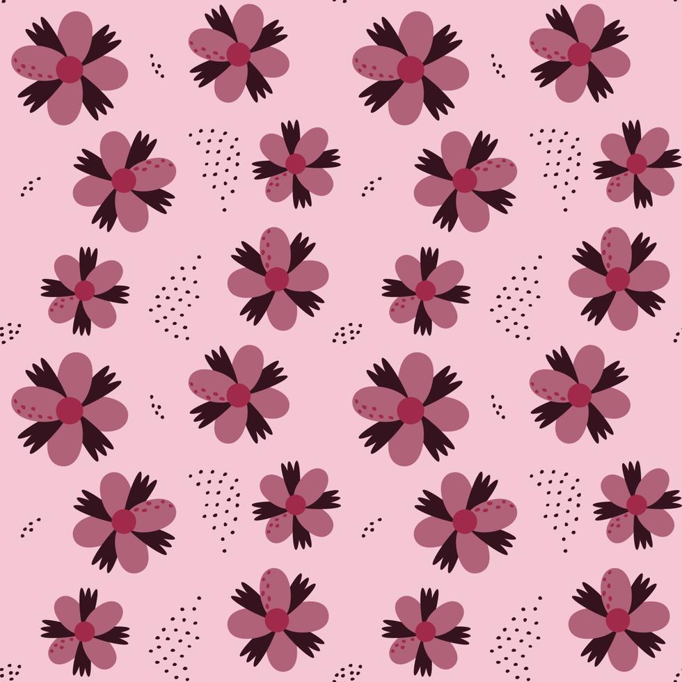 Seamless pattern with abstract flowers, shapes and dots on a pink background in a love theme. Monochrome color. Vector illustration in the style of minimalism.