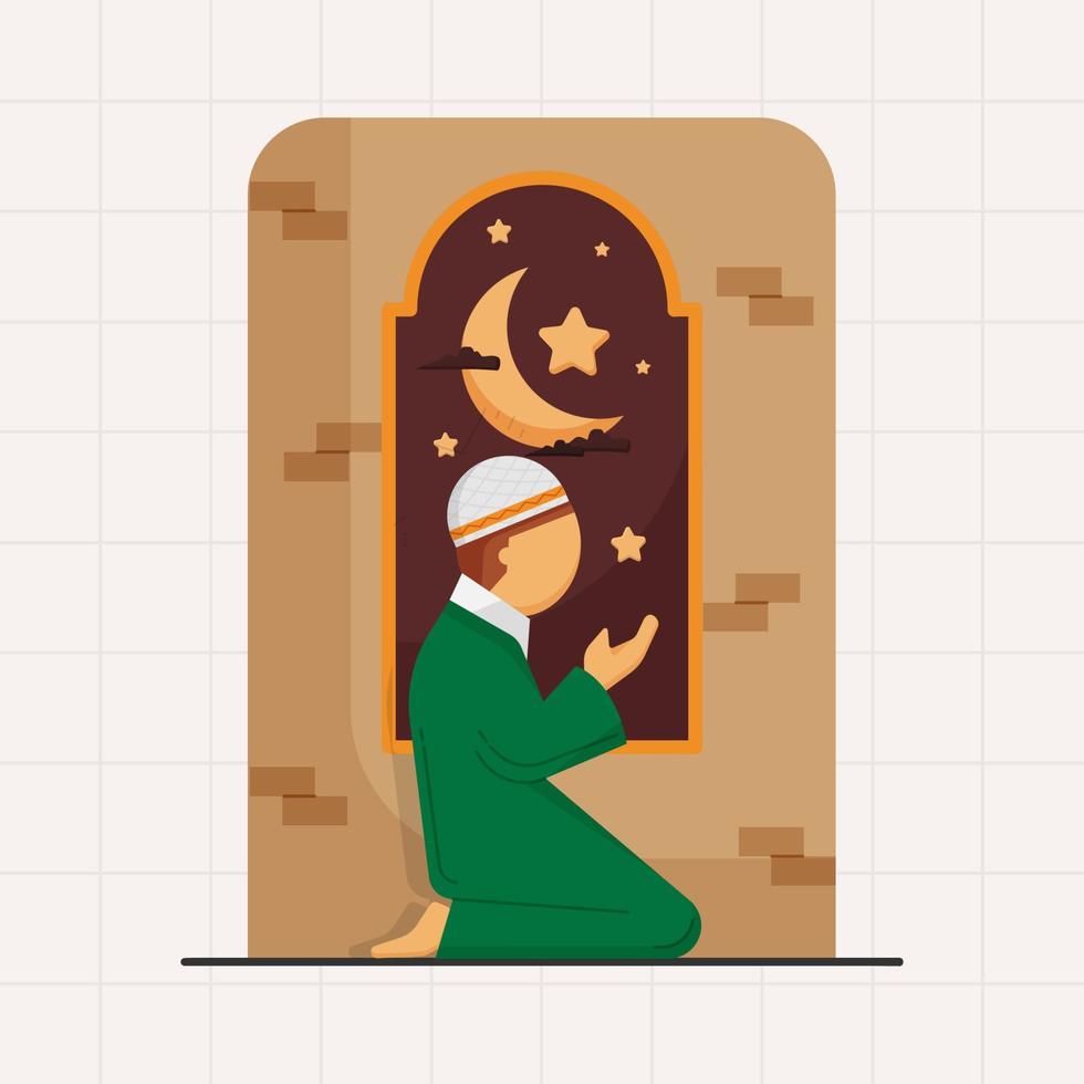 hombre musulmán islámico rezando ramadan kareem ilustración vector