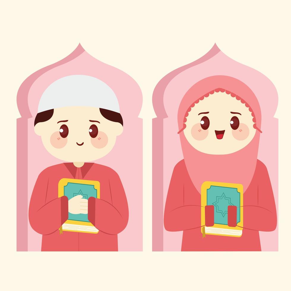 cute couple cartoon Muslim holding Al Quran flat vector illustration