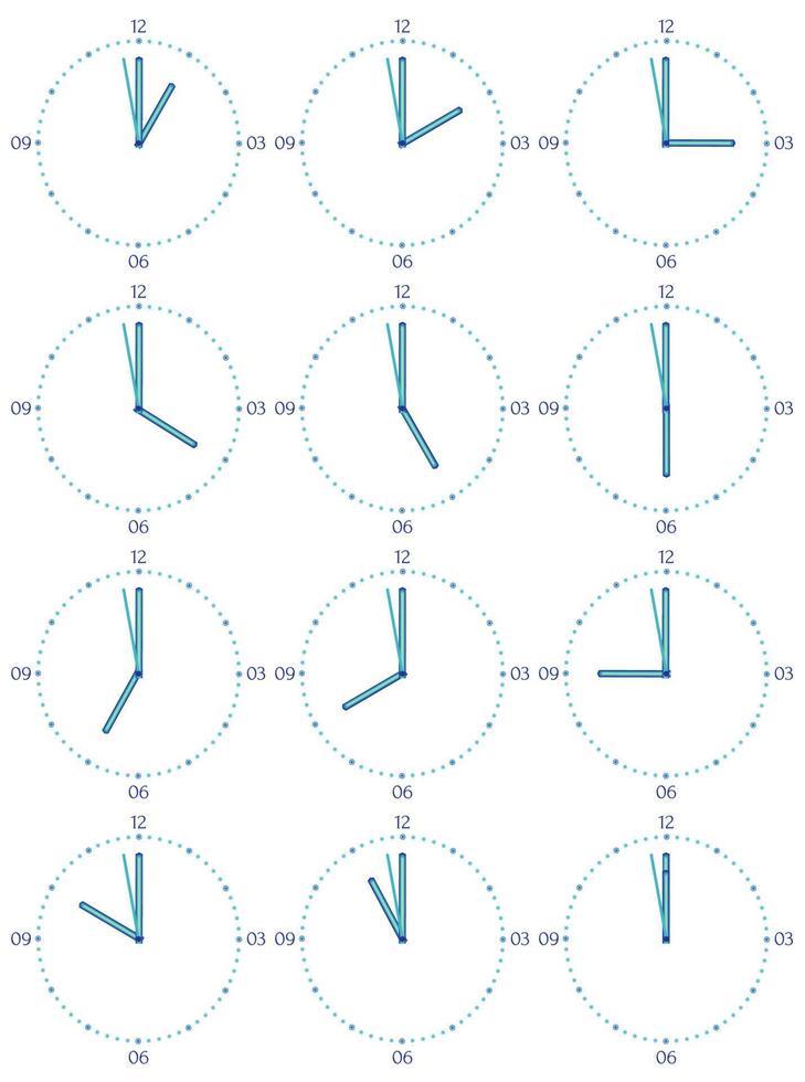 A set of mechanical clocks with an image of each of the twelve hours. Clock face on white background. vector
