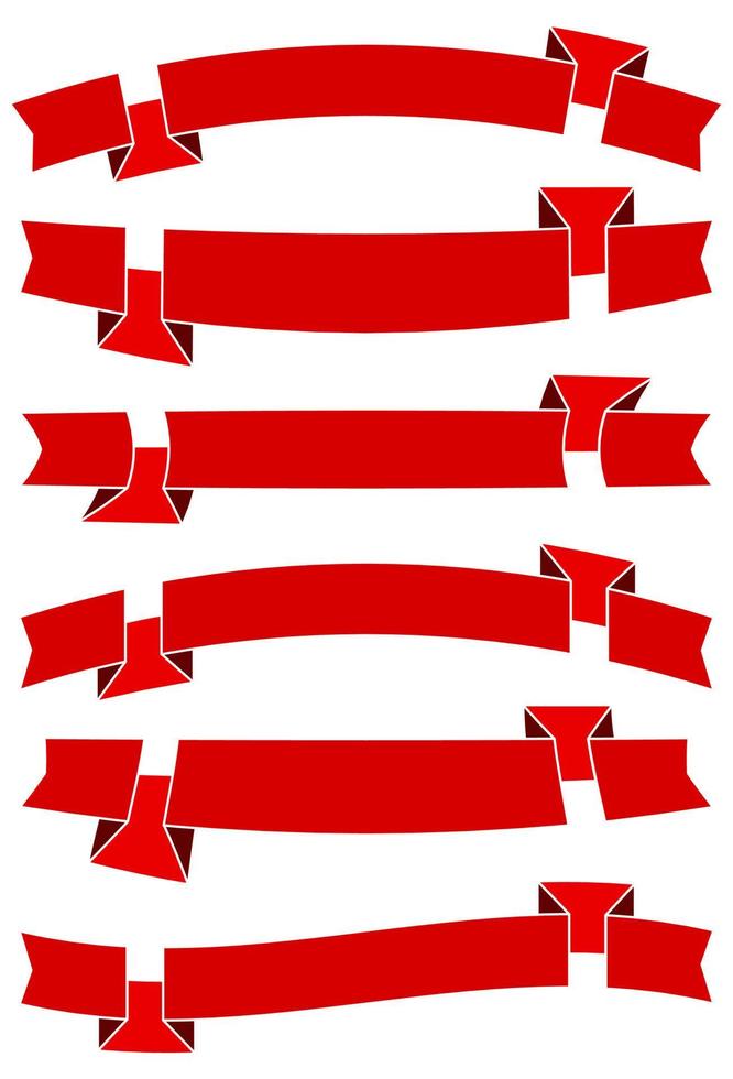 Set of six red cartoon ribbons for web design. Great design element isolated on white background. Vector illustration.