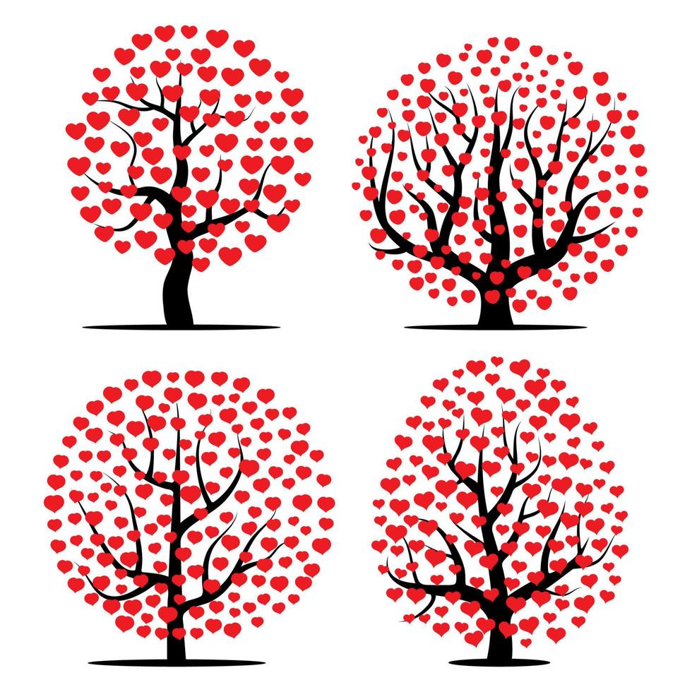 conjunto de cuatro árboles con corazones rojos. ilustración vectorial vector