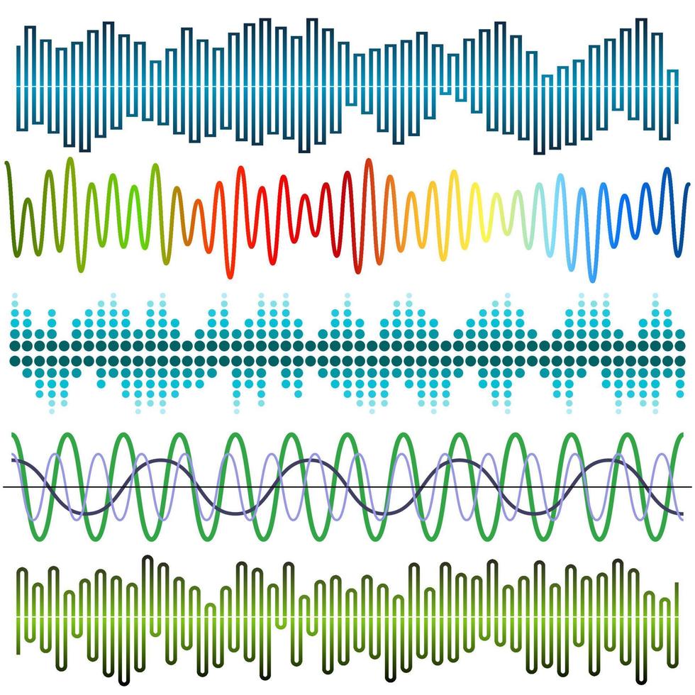 conjunto de vectores de ondas sonoras. ecualizador de sonido ondas de sonido y audio aisladas sobre fondo blanco.