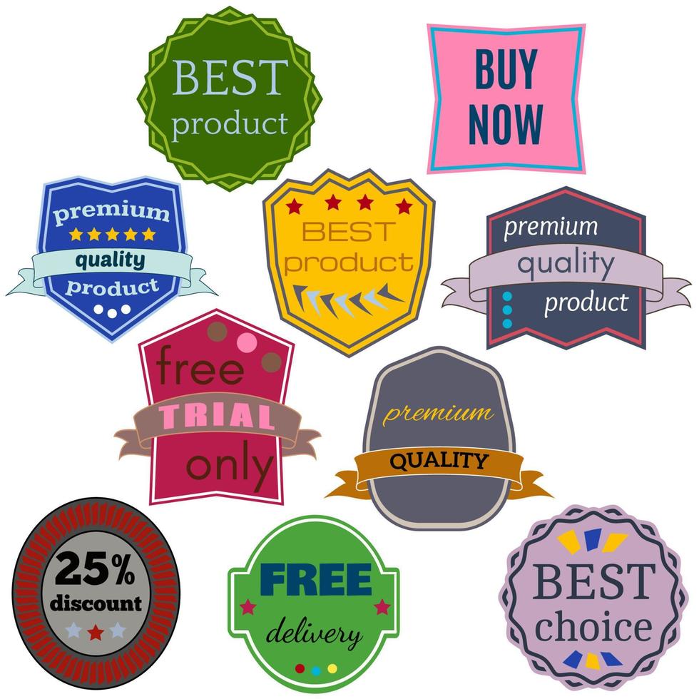 Set of Ten Vector Badges with Ribbons. Web stickers and labels. Isolated vector illustration.