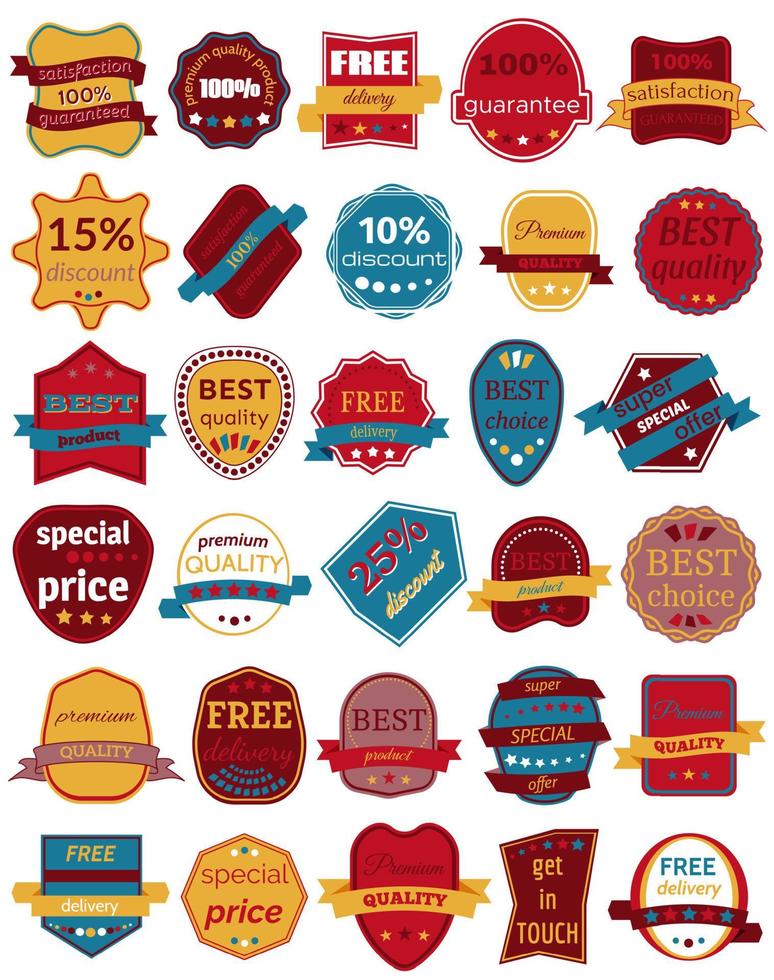 Set of Thirty Vector Badges with Ribbons. Web stickers and labels. Isolated vector illustration.