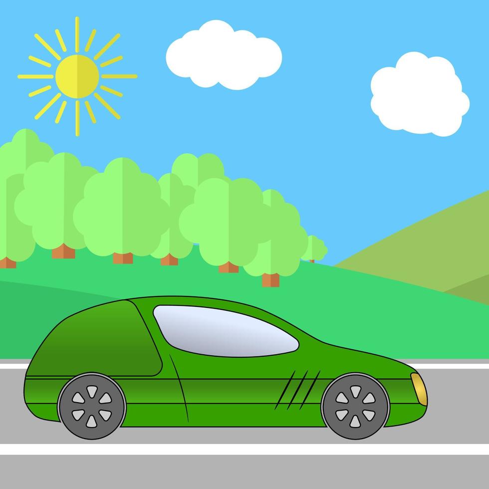 Green Sport Car on a Road on a Sunny Day. Summer Travel Illustration. Car over Landscape. vector