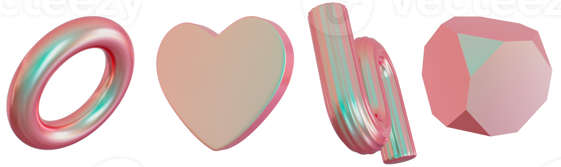 Set of 3d geometric shapes, on transparent background. Metallic holographic color. Trendy and futuristic design elements. Iridescent objects. 3D rendering. png
