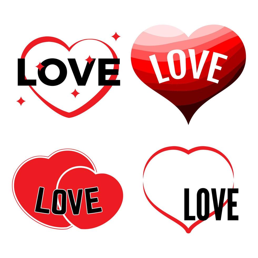 Set of four red hearts on a white background with inscription Love. Vector illustration.