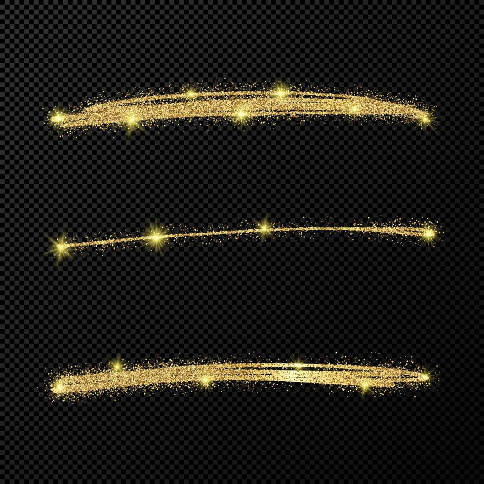 Abstract shiny confetti glittering waves. Set of three hand drawn brush golden strokes vector