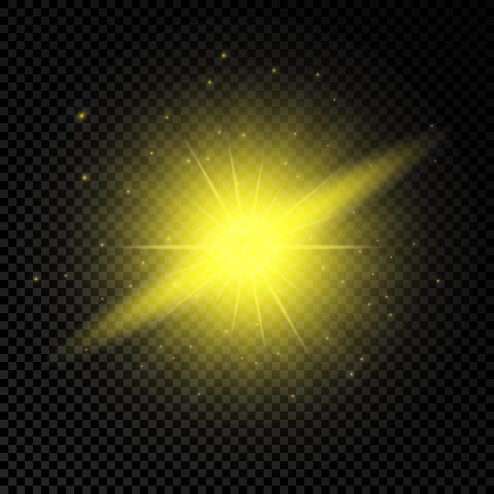 Light effect of lens flares. Yellow glowing lights starburst effects with sparkles vector