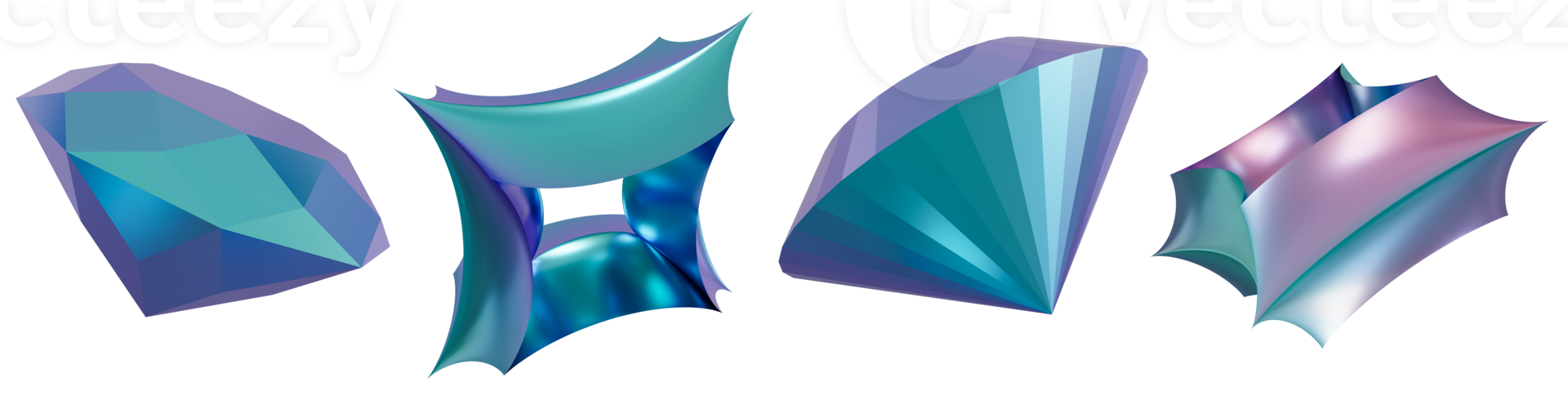 Set of 3d geometric shapes, on transparent background. Metallic holographic color. Trendy and futuristic design elements. Iridescent objects. 3D rendering. png