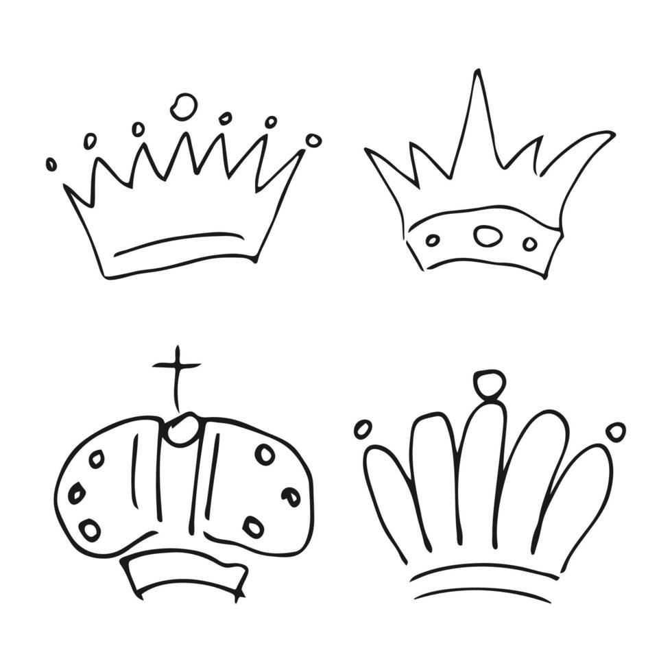 Hand drawn crowns. Set of four simple graffiti sketch queen or king crowns. Royal imperial coronation and monarch symbols vector