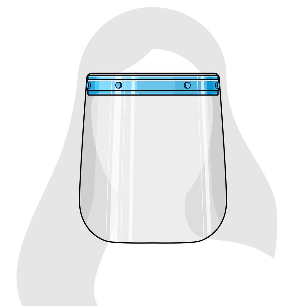 ilustración de vector de escudo facial en estilo plano con contorno en la cabeza de silueta. máscara de plástico transparente para prevenir virus, polvo, contaminación del aire. equipo de protección personal y prevención de enfermedades
