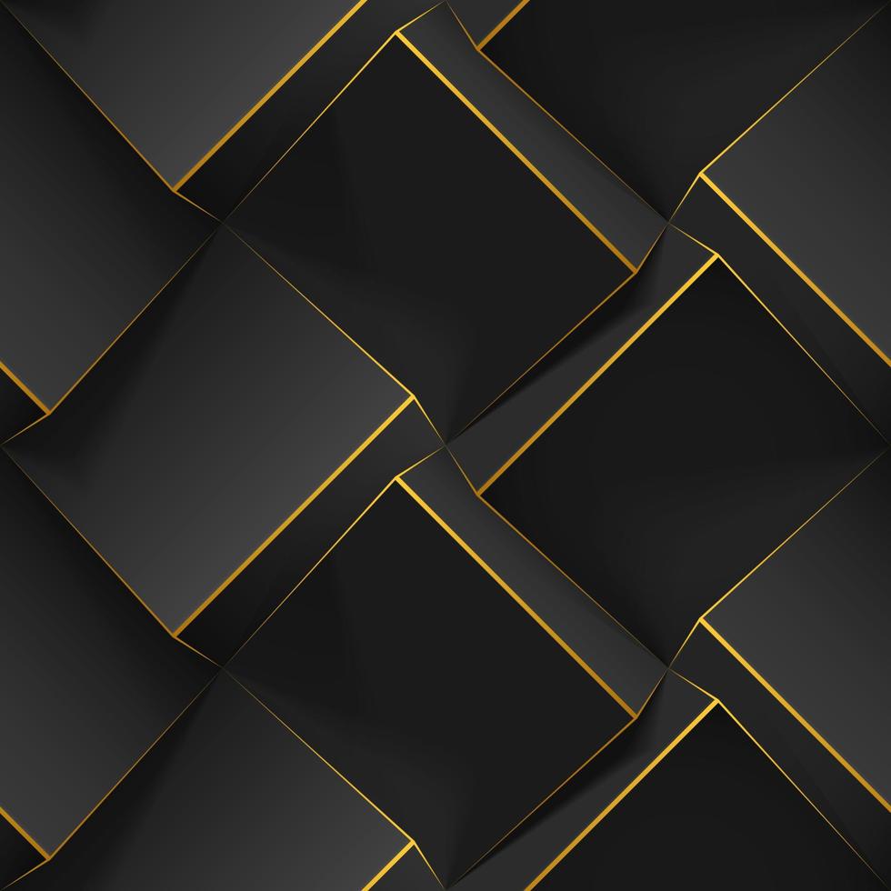 Dark abstract seamless geometric pattern. Realistic 3d cubes with thin golden lines. Vector template for wallpapers, textile, fabric, wrapping paper, backgrounds. Texture with volume extrude effect.