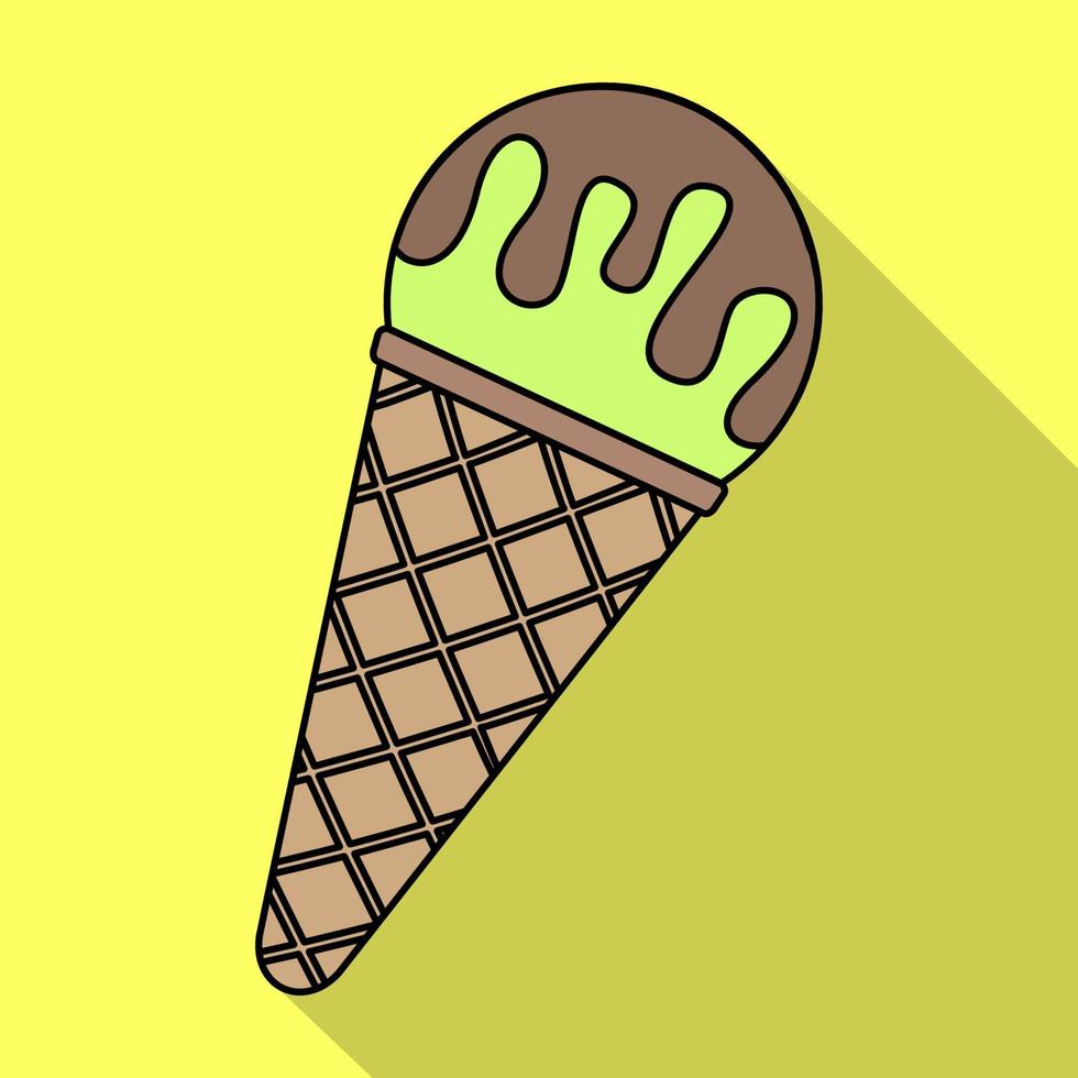 Vector illustration of ice cream in a waffle horn in flat style isolated on yellow background with shadow. Vector illustration