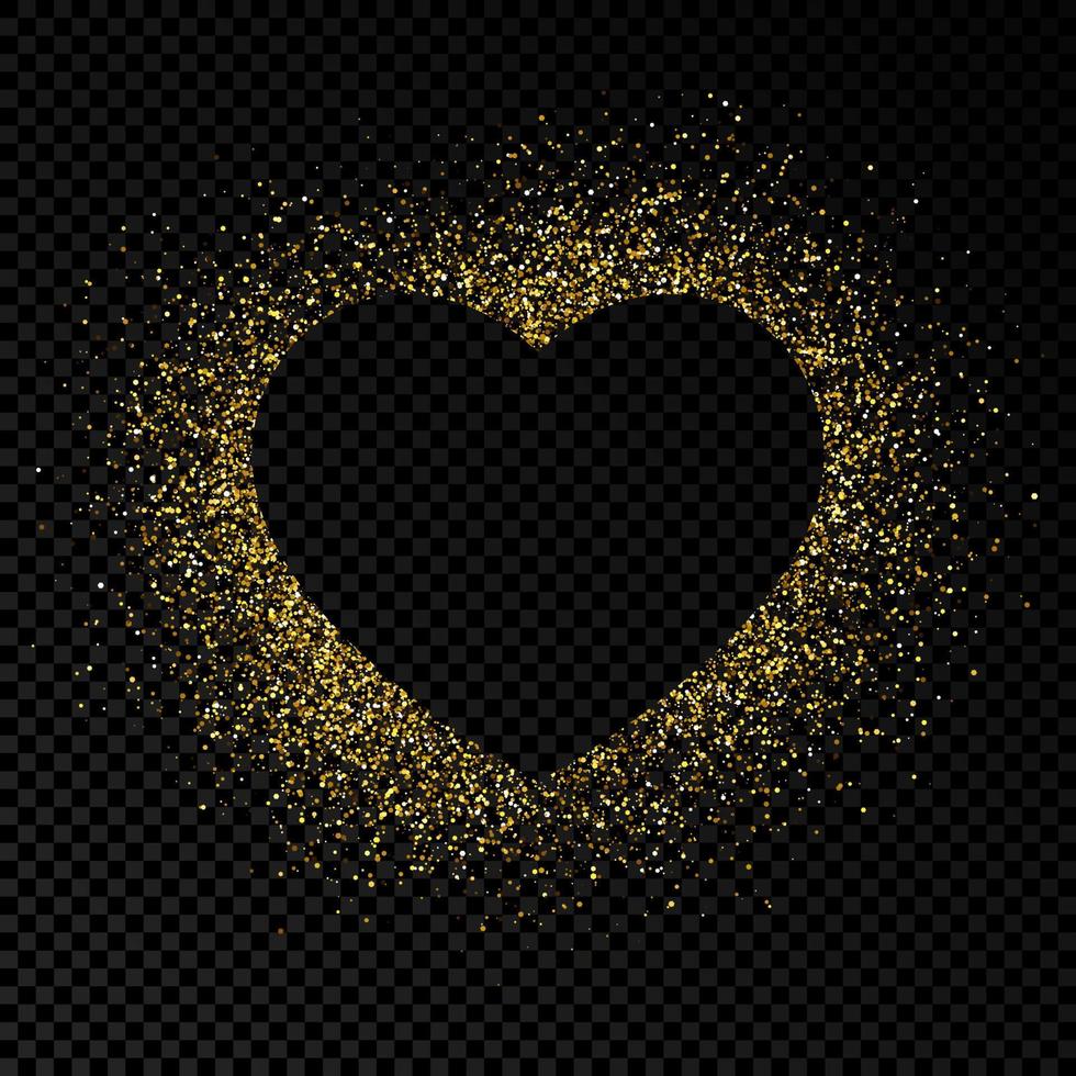 Heart shape frame with golden glitter. Greeting card with empty dark background. Vector illustration.