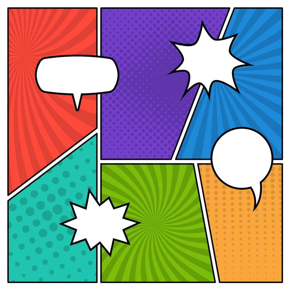 Colorful comic book page background in pop art style with empty speech bubbles. Template with rays and dots pattern. Vector illustration