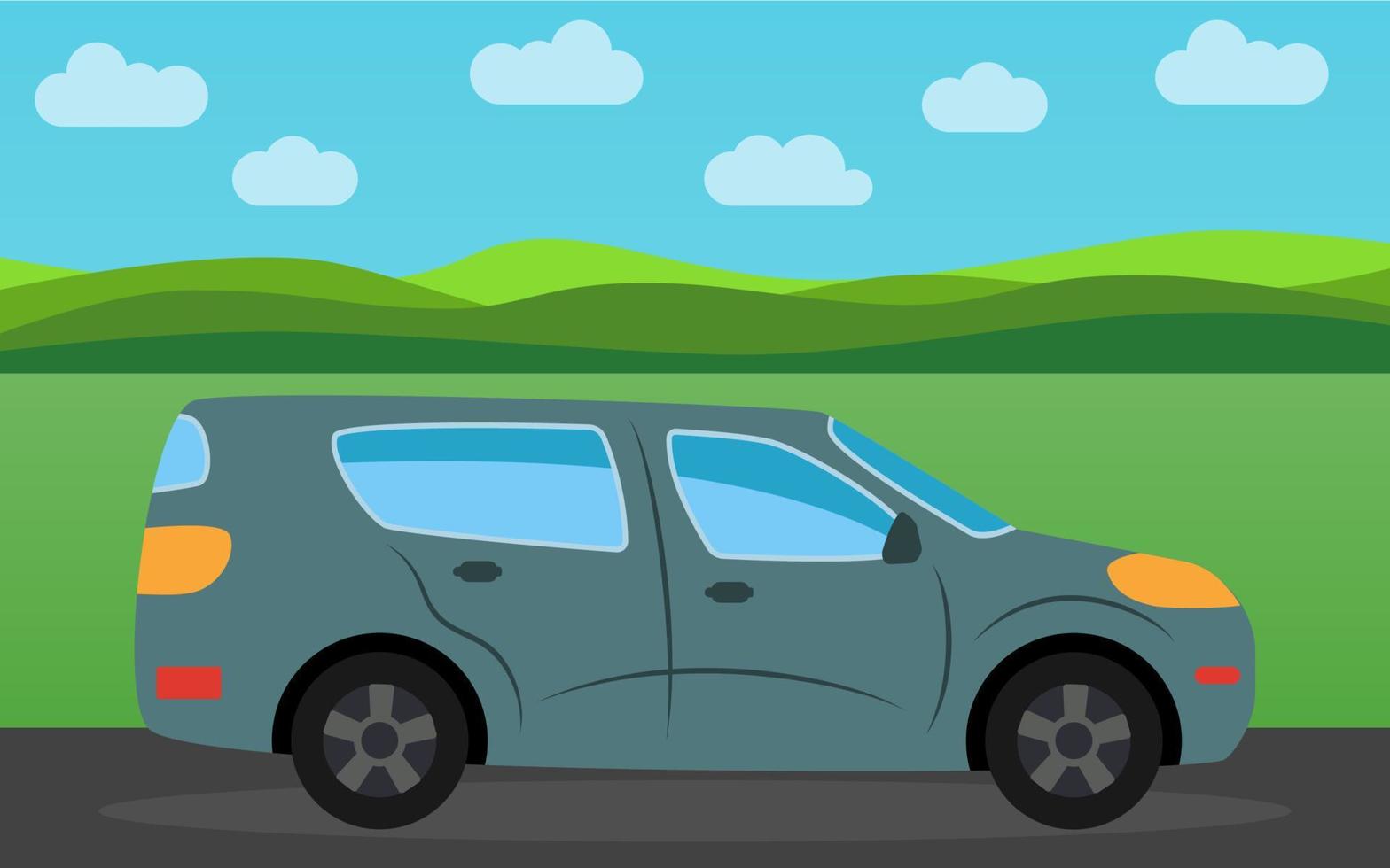 Car in the background of nature landscape in the daytime. Vector illustration.
