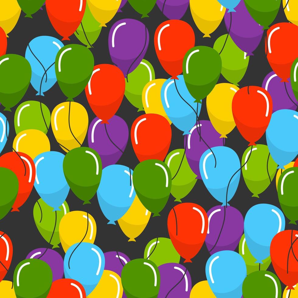 Seamless pattern with multicolored helium balloons on black background. Vector illustration.