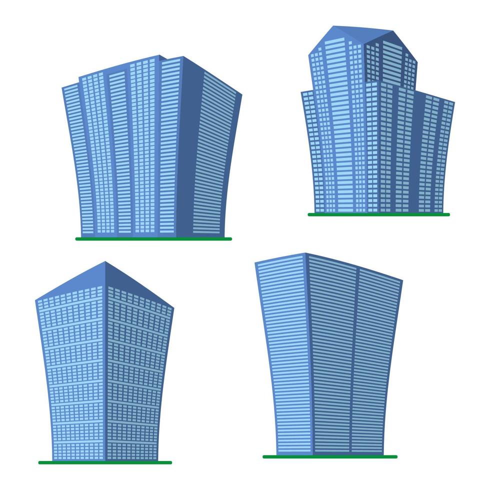 conjunto de cuatro edificios modernos de gran altura sobre un fondo blanco. vista del edificio desde abajo. ilustración vectorial isométrica. vector