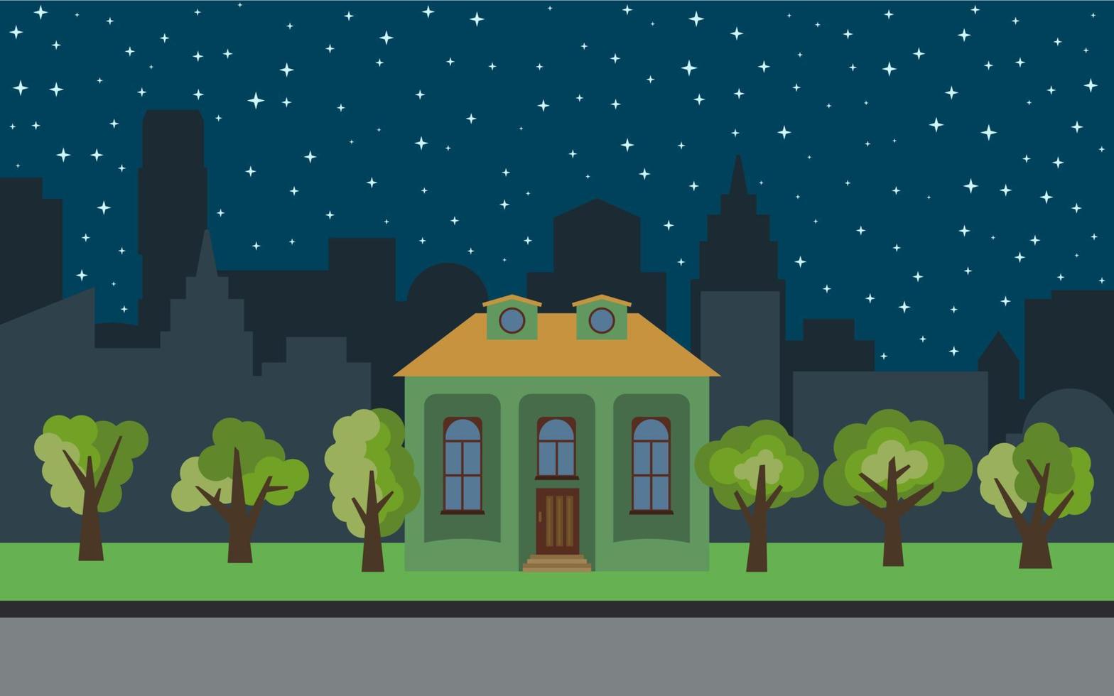 Vector city with cartoon house and green trees at night. Summer urban landscape. Street view with cityscape on a background