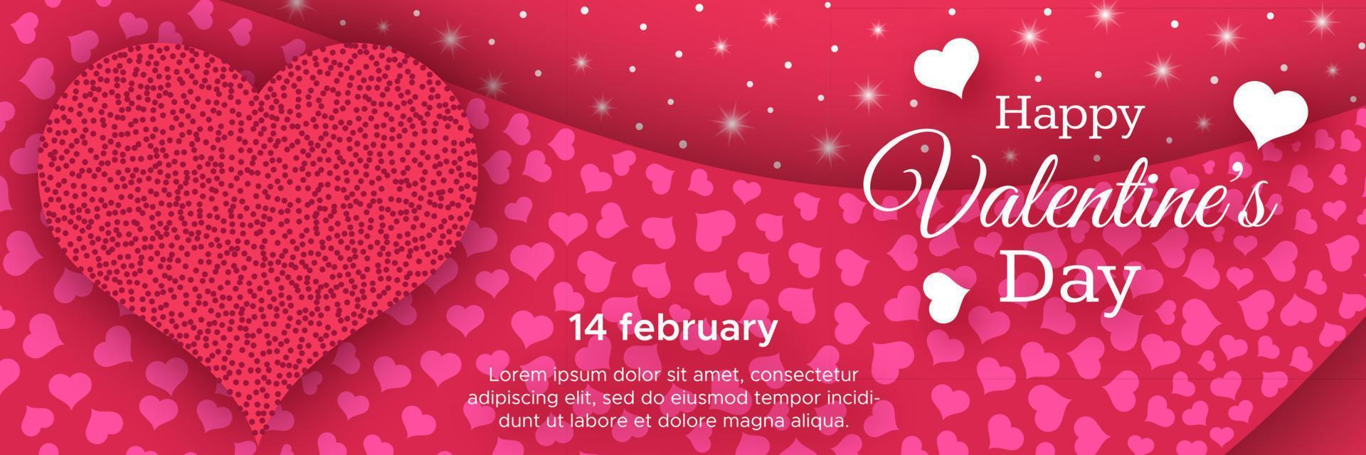 Happy Valentines Day Background. Red greeting horizontal banner with text and hearts. Vector illustration.