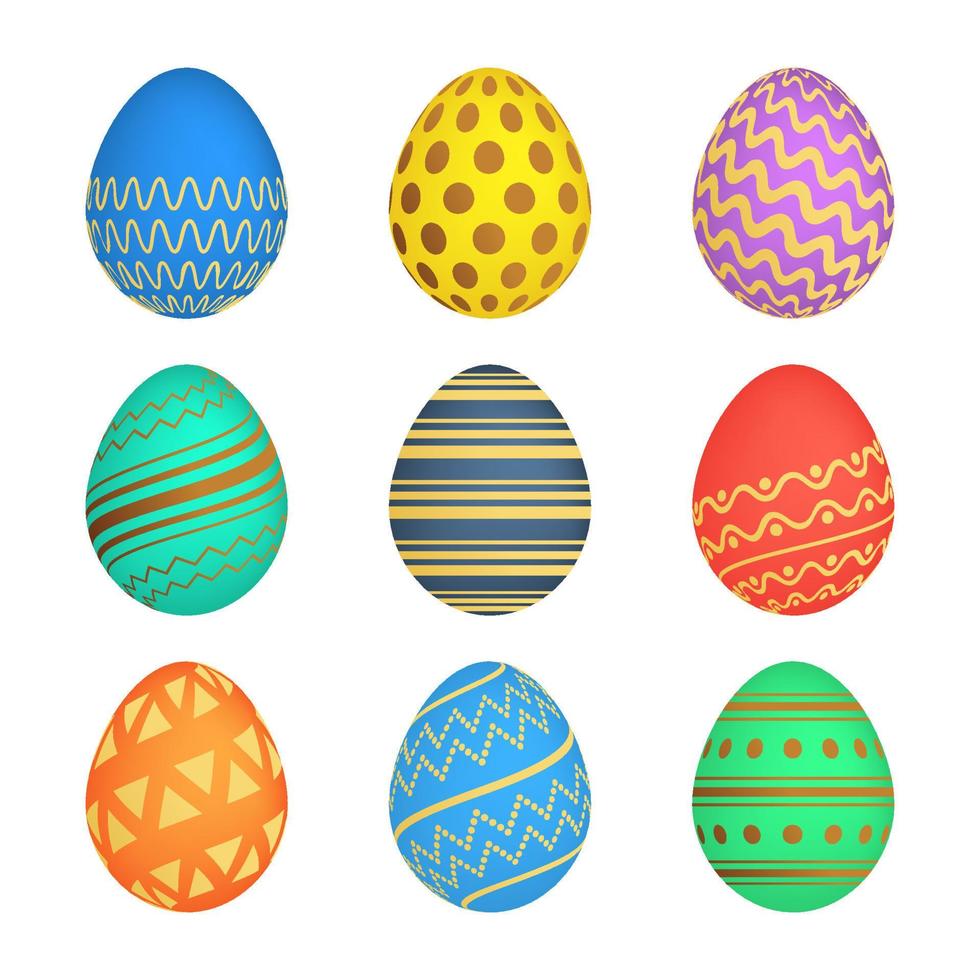Set of Nine Easter eggs with different colorful texture on a white background. Vector illustration