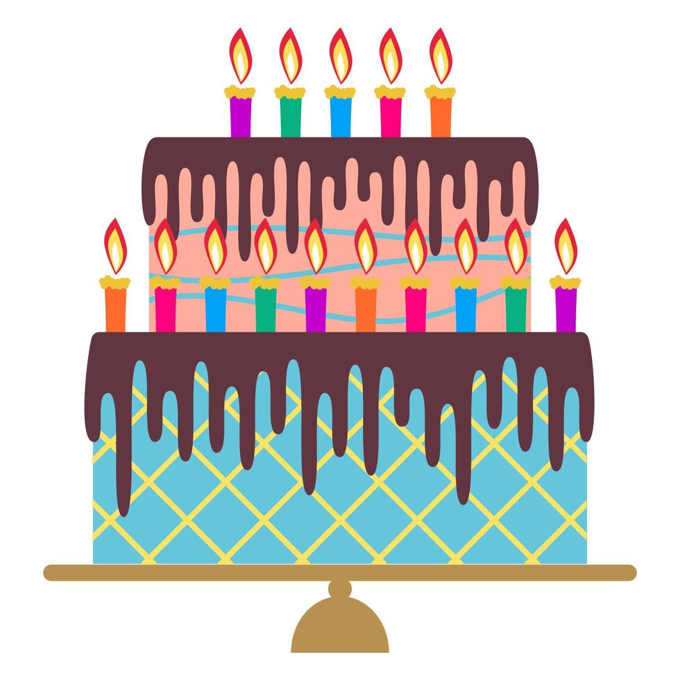 Sweet birthday cake with fifteen burning candles. Colorful holiday dessert. Vector celebration background.