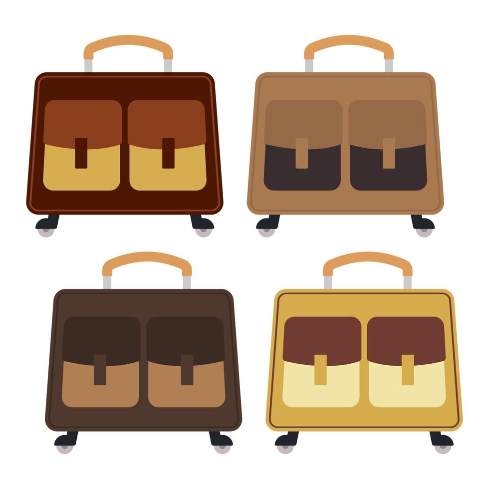 Set of four multicolored wheeled travel bag with luggage on white background. Suitcase for journey trip in flat style. Vector illustration
