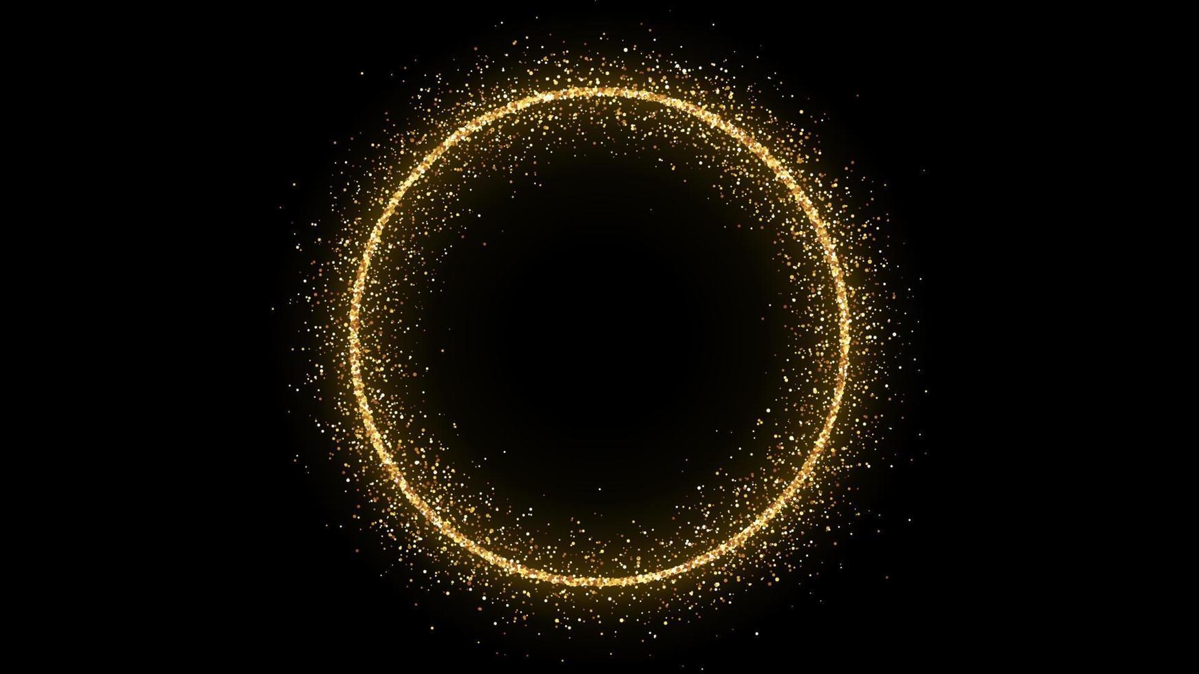 Golden circle frame with glitter, sparkles and flares on dark background. Empty luxury backdrop. Vector illustration.