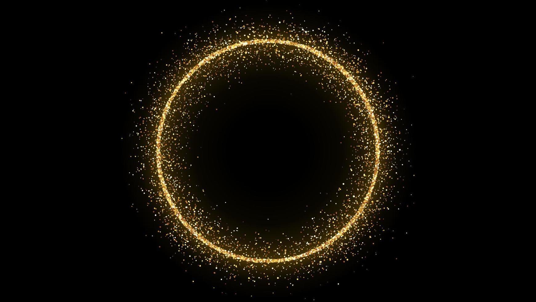 Golden circle frame with glitter, sparkles and flares on dark background. Empty luxury backdrop. Vector illustration.