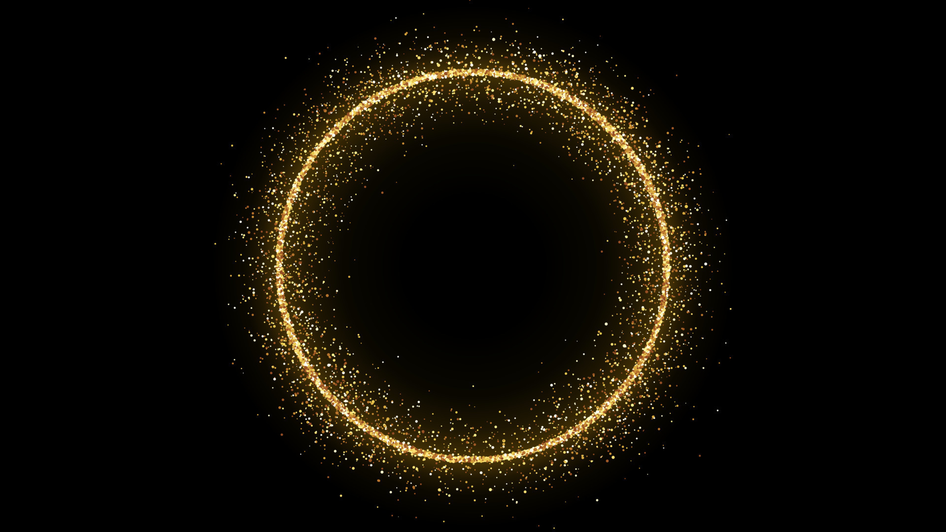 Golden circle frame with glitter, sparkles and flares on dark