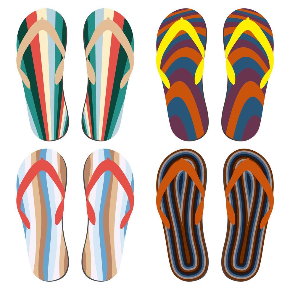 Set of Beach Slippers. Colorful Summer Flip Flops Over White Background vector