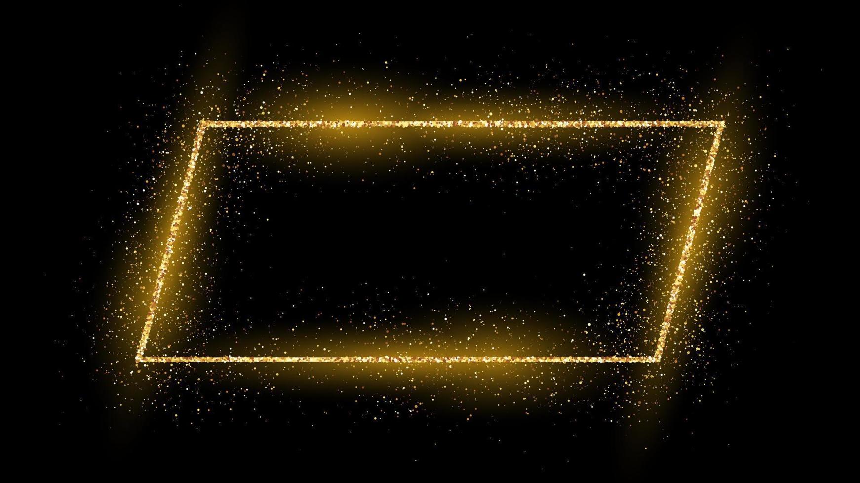Golden frame with glitter, sparkles and flares on dark background. Empty luxury backdrop. Vector illustration.