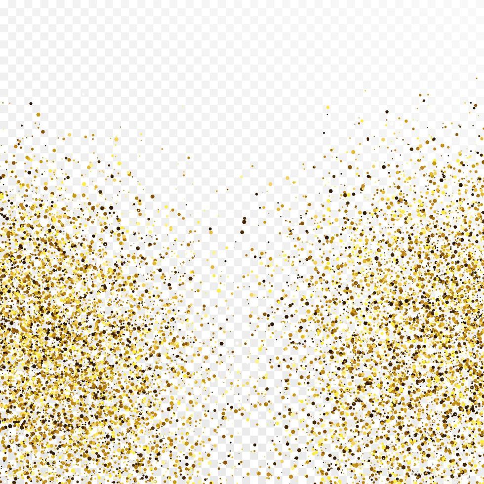 Gold glitter confetti backdrop isolated on white transparent background. Celebratory texture with shining light effect. Vector illustration.