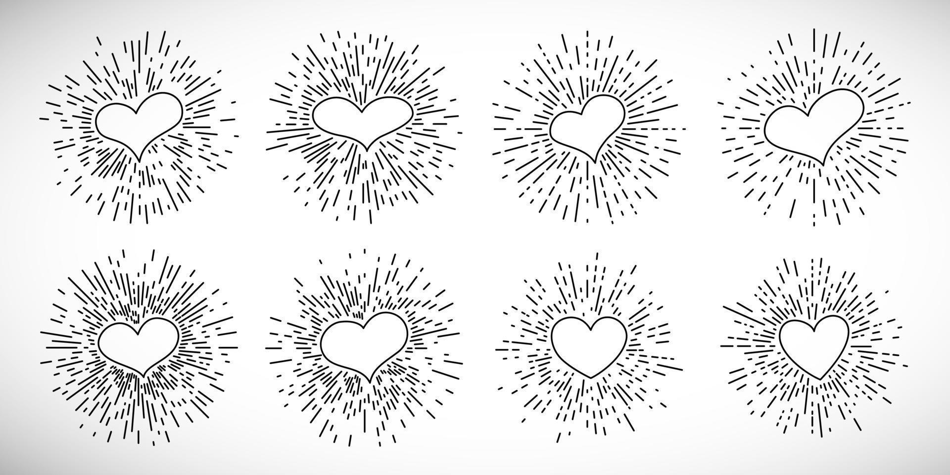 Set of eight Hearts with Hand Drawn Vintage Bursting Rays. Retro Design Element. Vector illustration