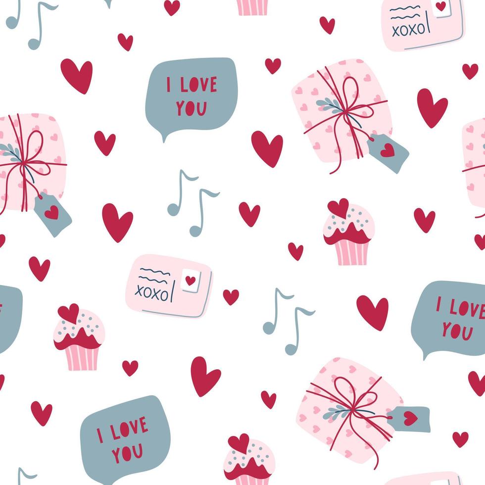 Valentine's day pattern. Endless ornament with love symbols on white background. Romantic print. Vector illustration in retro colors.