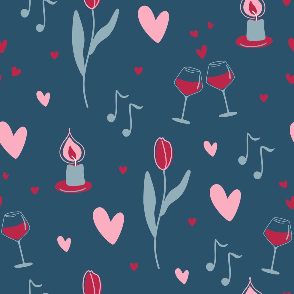 patrón del día de san valentín. ornamento interminable con símbolos de amor sobre fondo azul oscuro. estampado romántico. ilustración vectorial vector