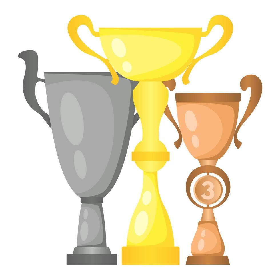 Set of vector trophy champion cups in gold, silver and bronze. Championship prizes for first, second and third place. Victory symbols isolated on white background.
